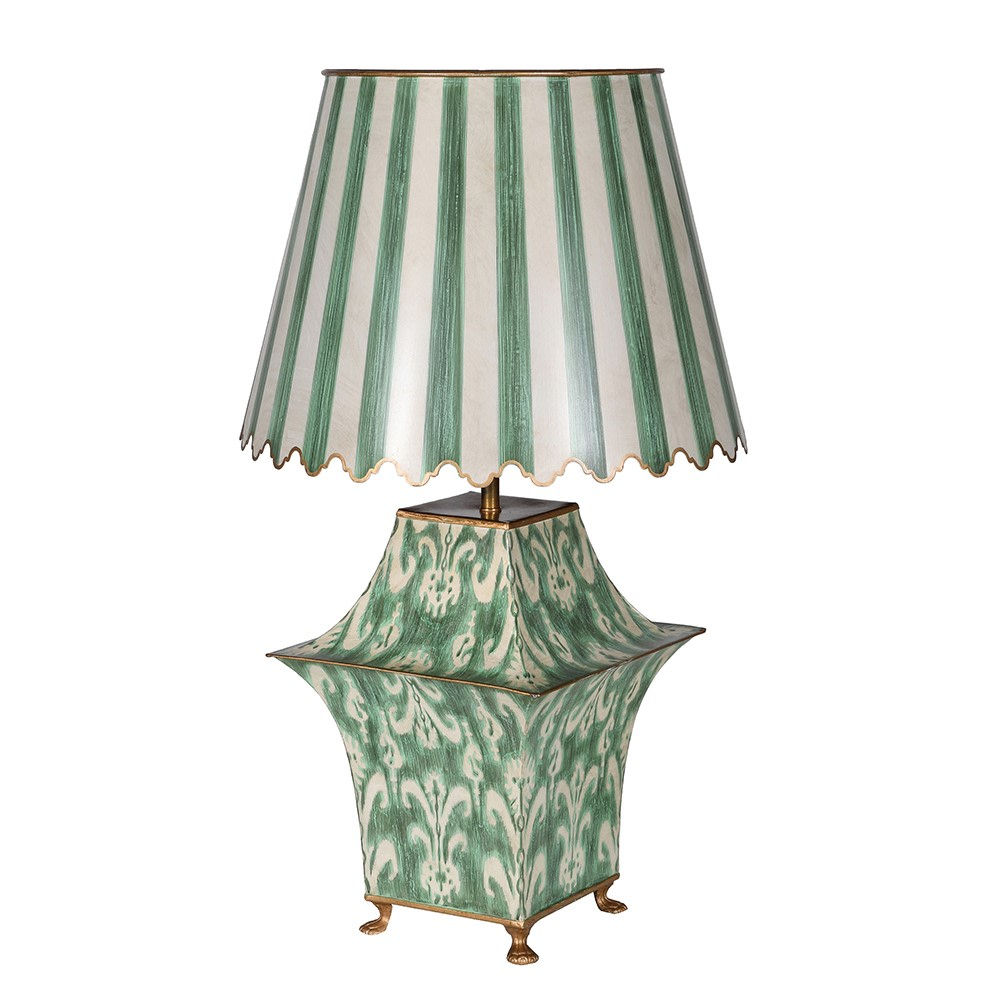 Forest Green Metal Ikat Table Lamp with Scalloped Shade