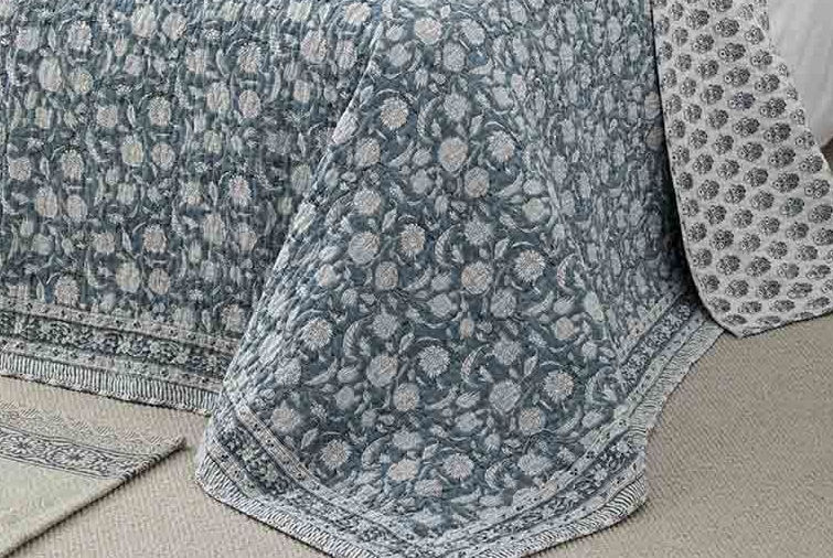Thumbnail: Jaipur handblock printed bedspread smoke blue