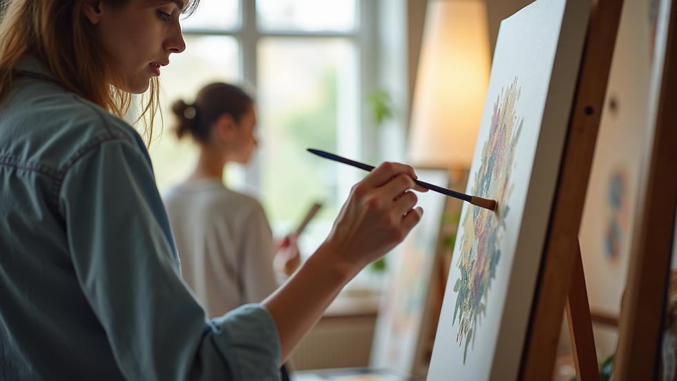 Eye-level view of a person painting on a canvas in a bright, inviting art studio