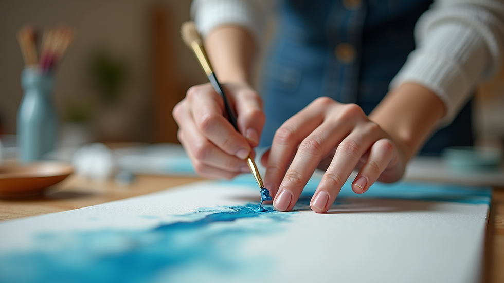 Eye-level view of a participant painting on a canvas during an art therapy workshop