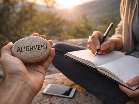 Person journaling outdoors at sunset holding a stone labeled “alignment”, reflecting on clarity and personal direction