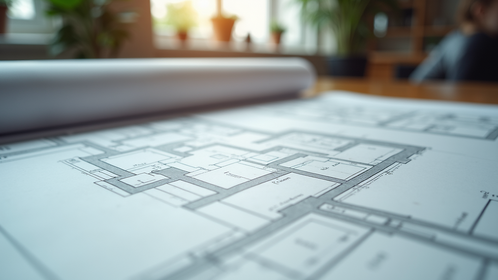 Close-up view of architectural plans on a table