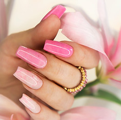 Pink elongated nail extension with fine glitter.jpg