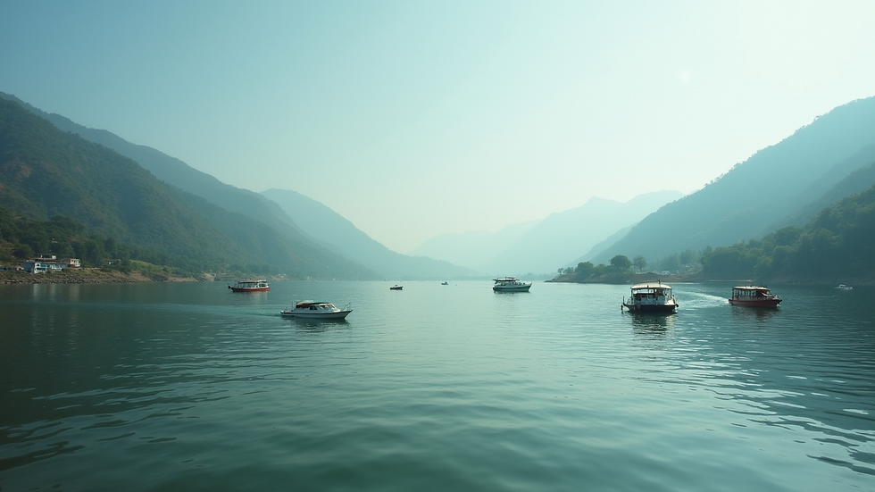 Wide angle view of Naini Lake with boats and surrounding hills