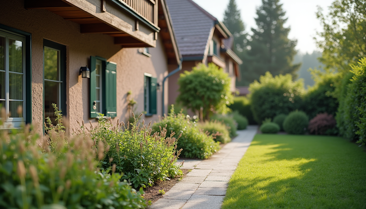 Nahaufnahme eines gepflegten Wohnhauses mit gepflegtem Garten in der Schweiz