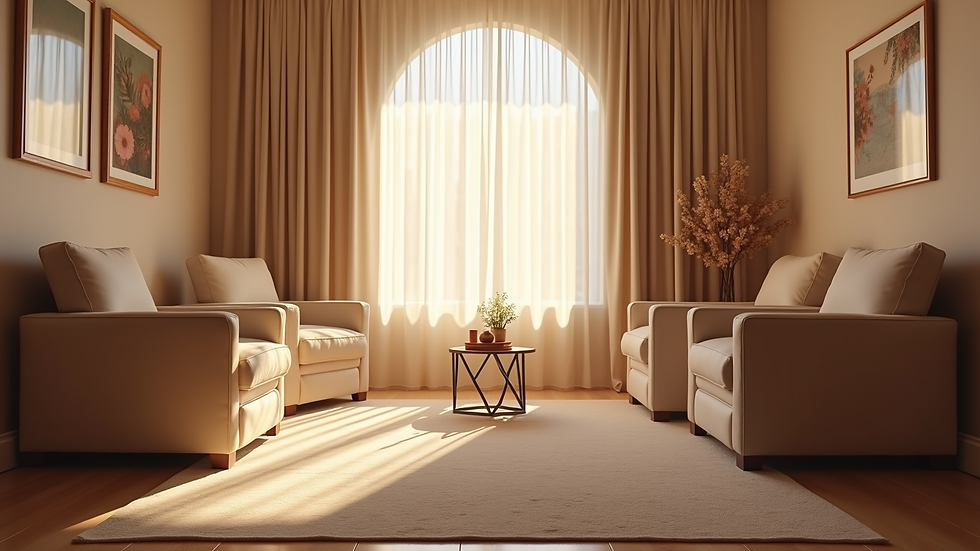 Eye-level view of a cozy therapy room with soft lighting and comfortable chairs
