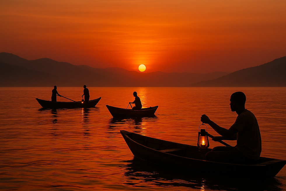 Silhouetted rowers with lanterns in wooden boats on a calm lake at sunset. Orange sky and distant mountains create a peaceful scene.