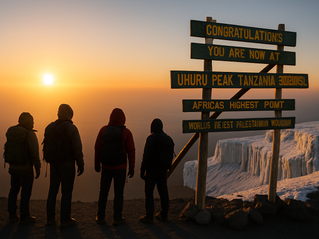 Four hikers in jackets stand at sunrise near a sign reading "Uhuru Peak, Tanzania." Ice cliffs are visible, creating a serene view.