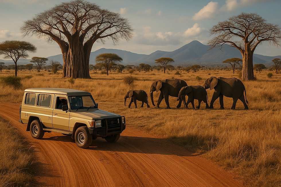 SUV on a dirt road in a savannah, with a family of elephants walking nearby. Baobab trees and mountains in the background. Peaceful scene.