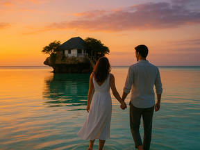 Couple walking barefoot across shallow water at sunset toward The Rock Restaurant, Zanzibar, surrounded by glowing skies and reflections.