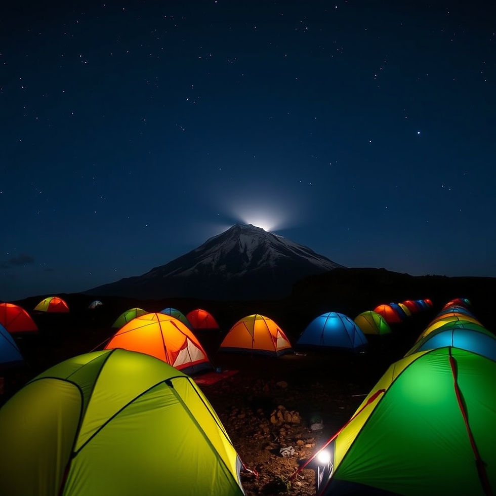 Colorful tents under a starry night sky, with a glowing mountain in the background. Peaceful and serene camping scene.
