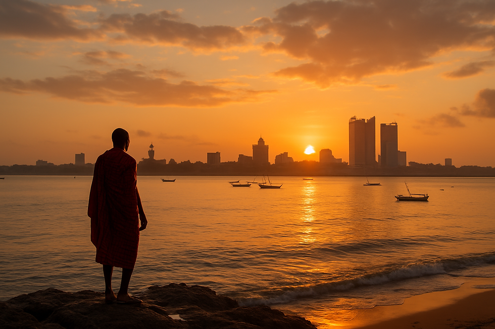 Person in traditional attire stands on rocky shore, watching a vibrant orange sunset over a city skyline with boats on the calm water.
