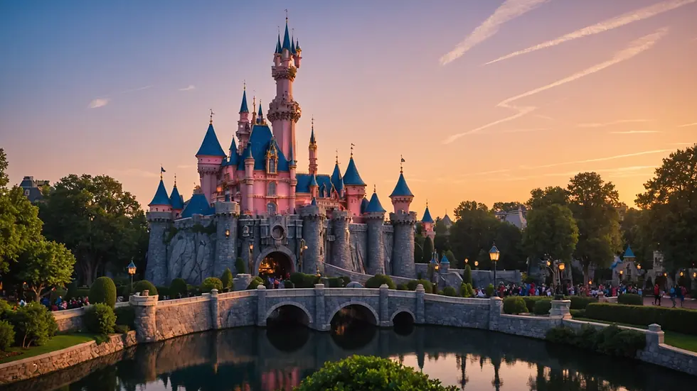 Wide shot of Disneyland Paris Castle at dusk