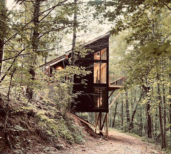 Black wood tree house among trees