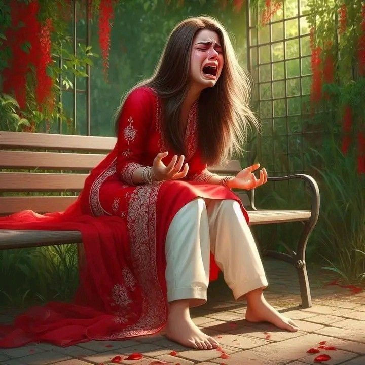 A girl sitting on a bench and crying.