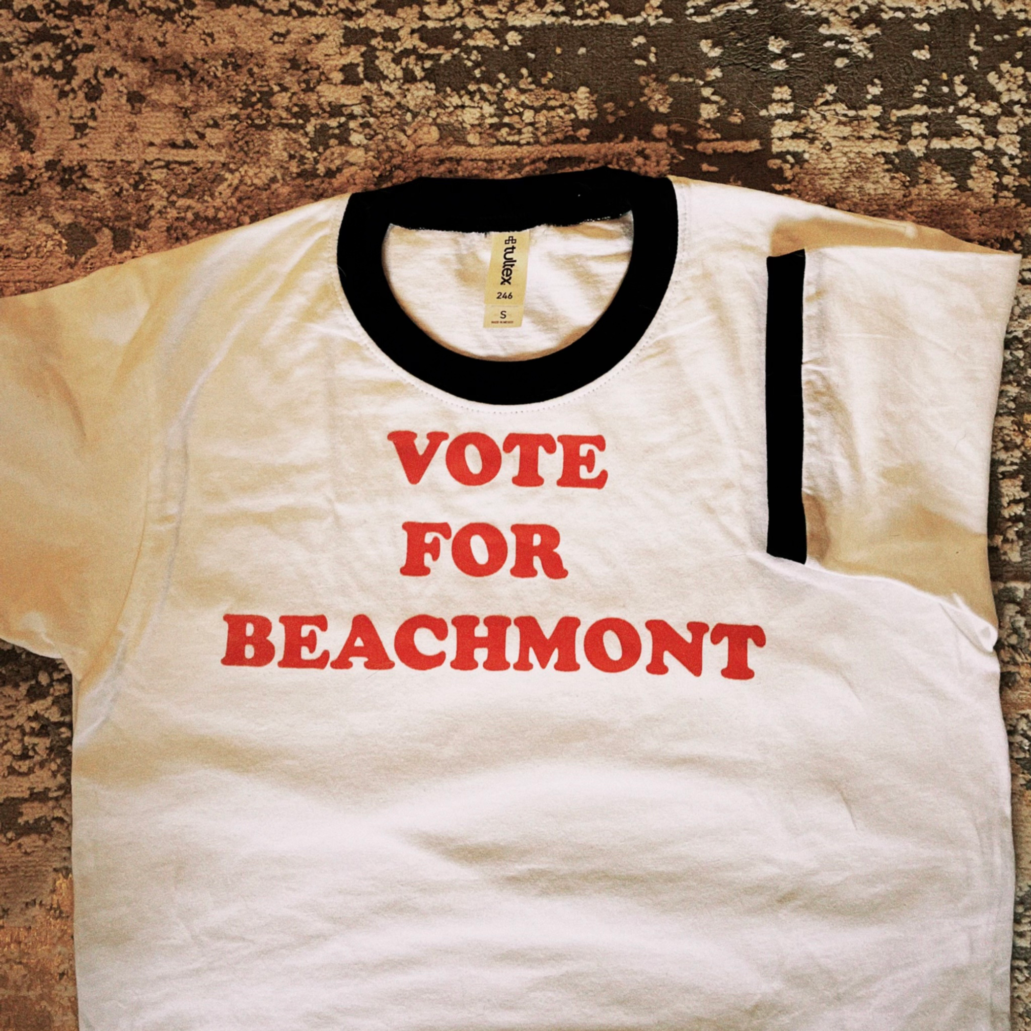 "vote for beachmont" ringer t shirt