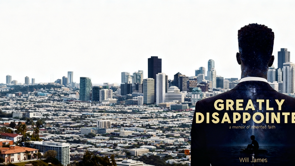 Book cover. Man overlooking a cityscape. "Greatly Disappointed: a memoir of inherited faith"