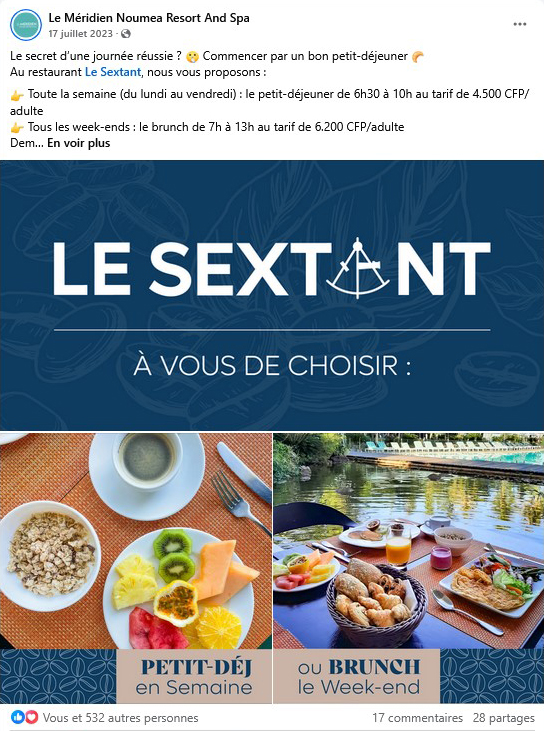 post facebook illustré par un album photo de l'hôtel le Méridien de Nouméa faisant la promotion de leur restaurant le Sextant