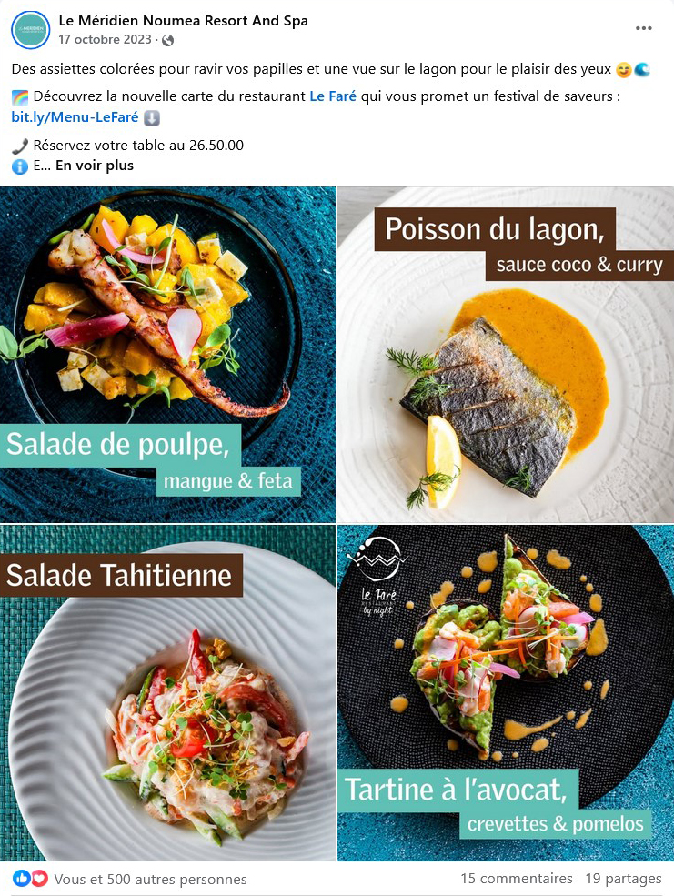 post facebook illustré d'un album photo de l'hôtel le Méridien de Nouméa faisant la promotion du menu d'un de leur restaurant