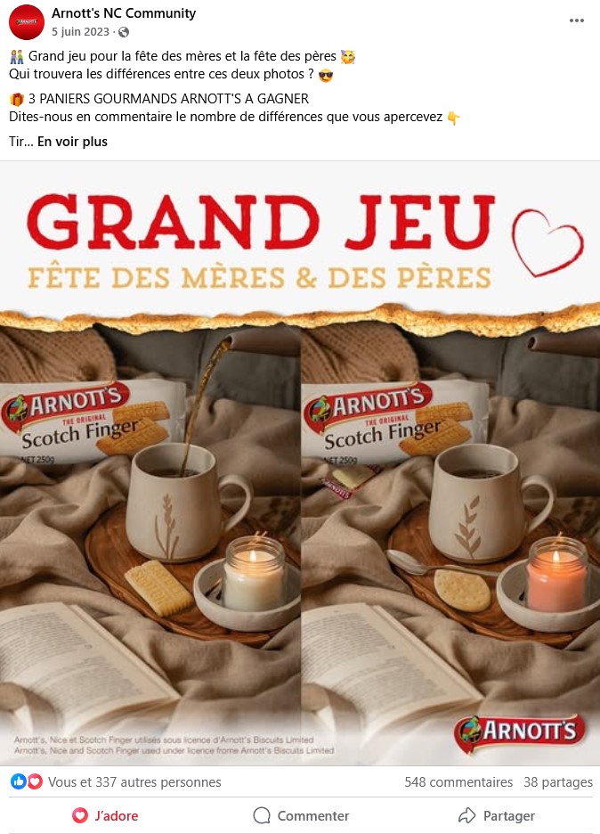 post facebook pour la marque de biscuit Arnott's, illustré avec un jeu des 7 différences