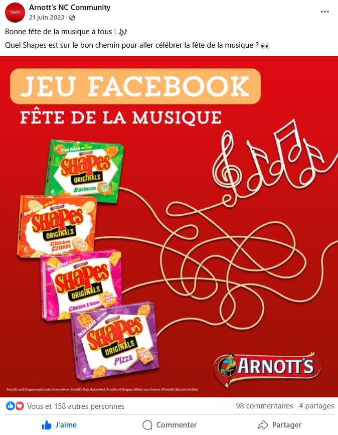 post facebook pour la marque de biscuit Arnott's avec un visuel de jeu sur le thème de la fête de la musique