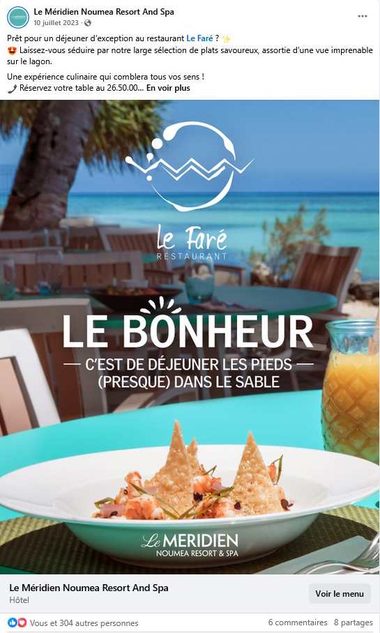 post facebook illustré de l'hôtel le Méridien de Nouméa faisant la promotion d'un de leur restaurant