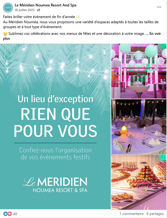post facebook promotionnel illustré de l'hôtel le Méridien de Nouméa proposant un service d'organisation évènementiel
