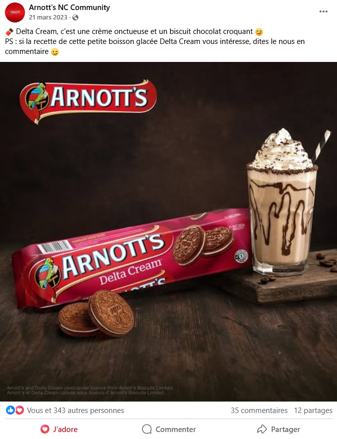 post facebook pour la marque de biscuit Arnott's illustré par un élégant visuel mettant en scène un paquet de Delta Cream et un milk shake.