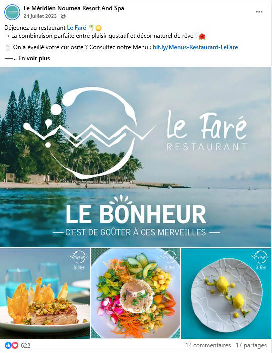 post facebook illustré par un album photo de l'hôtel le Méridien de Nouméa faisant la promotion d'un de leur restaurant