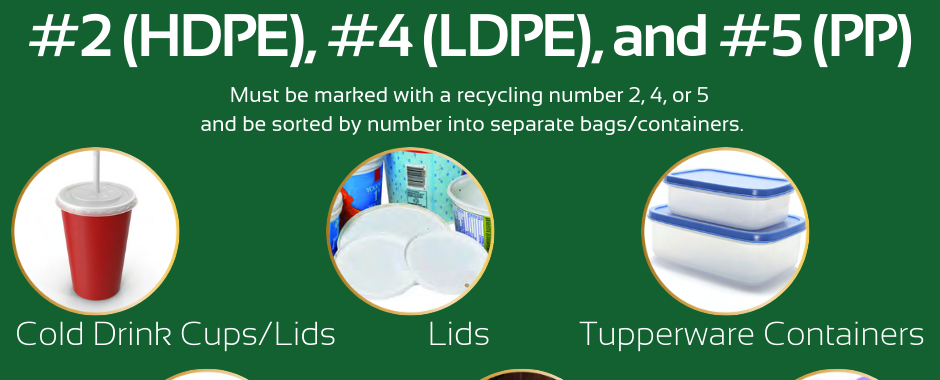 #2, #4, and #5 Plastics must be sorted into number types. Examples include cold drink cups & lids, hot drink lids, container lids, Tupperware containers, take-out containers, PakTech