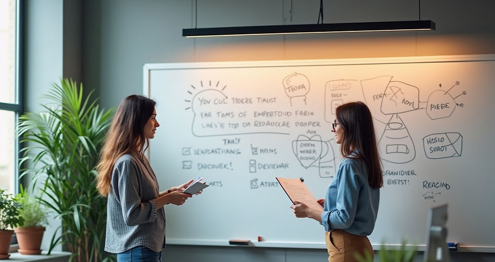 High angle view of a startup workspace with innovative ideas on a whiteboard