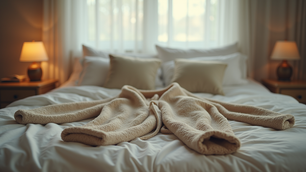 Eye-level view of a cozy outfit laid out on a bed