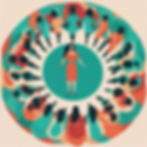 A woman in vibrant teal or multicoloured attire, standing in the center, linking arms with