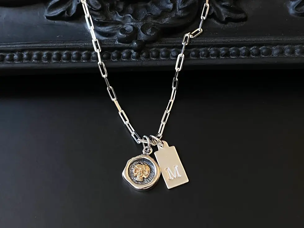 Thumbnail: Sterling Silver Tiny Wax Seal Skull with Initial Necklace