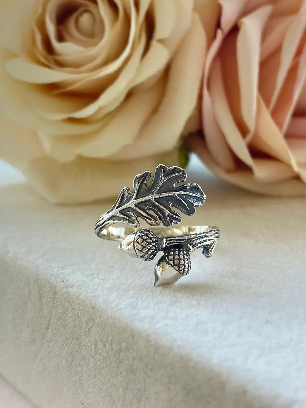 Thumbnail: Sterling Silver Acorn with Oak Leaves Adjustable Ring