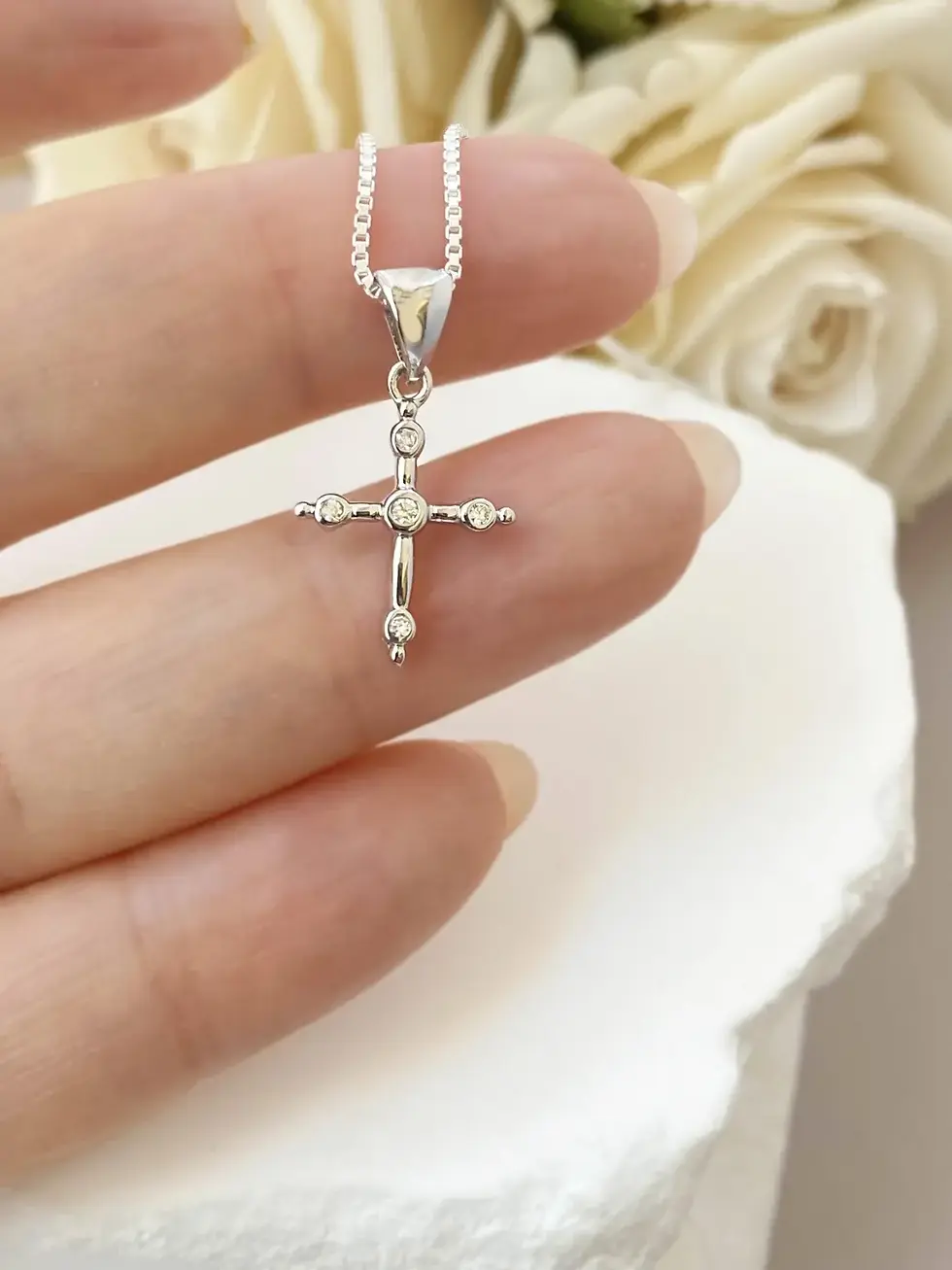 Thumbnail: Sterling Silver Dainty Cross Pendant with Crystals
