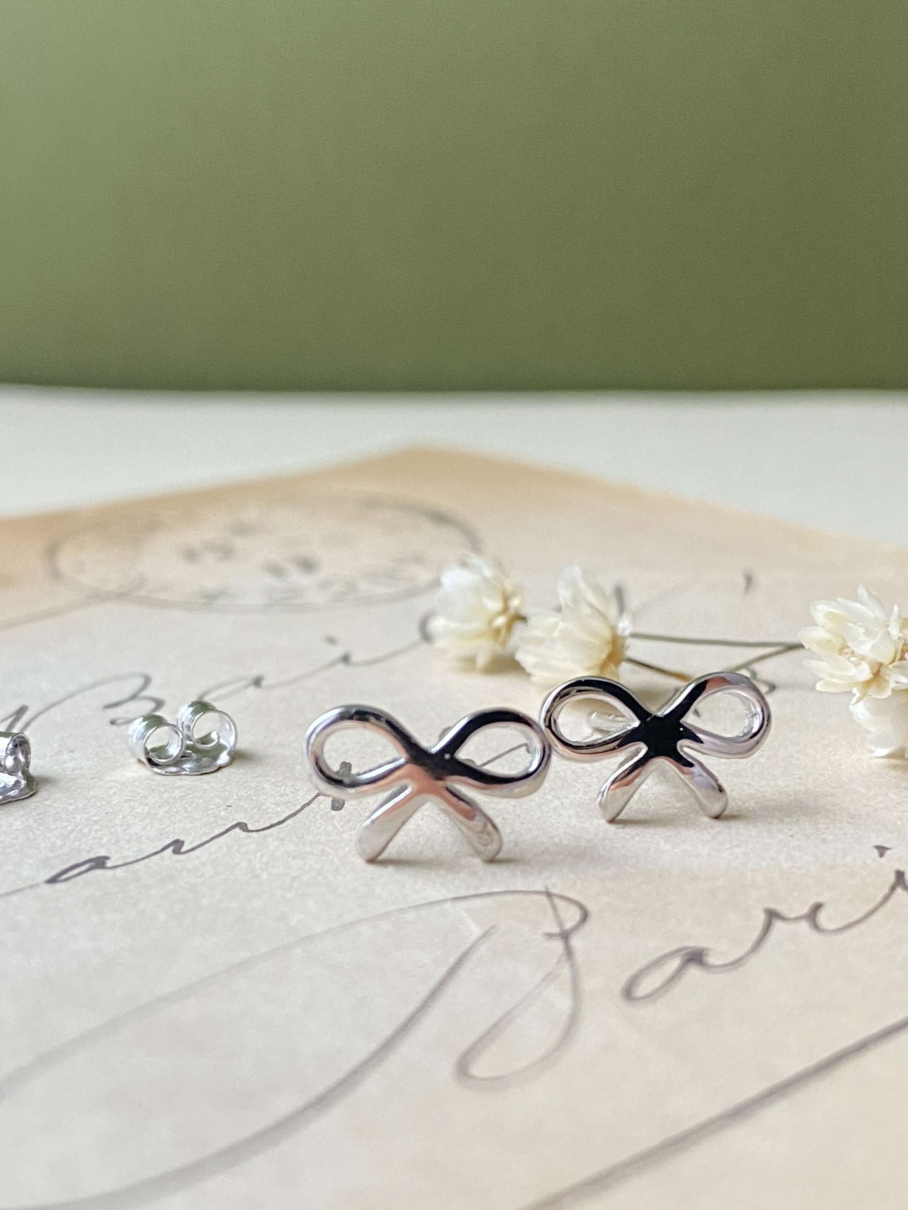 Sterling Silver Tiny Ribbon Stud Earrings