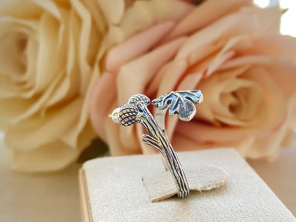 Thumbnail: Sterling Silver Acorn with Oak Leaves Adjustable Ring