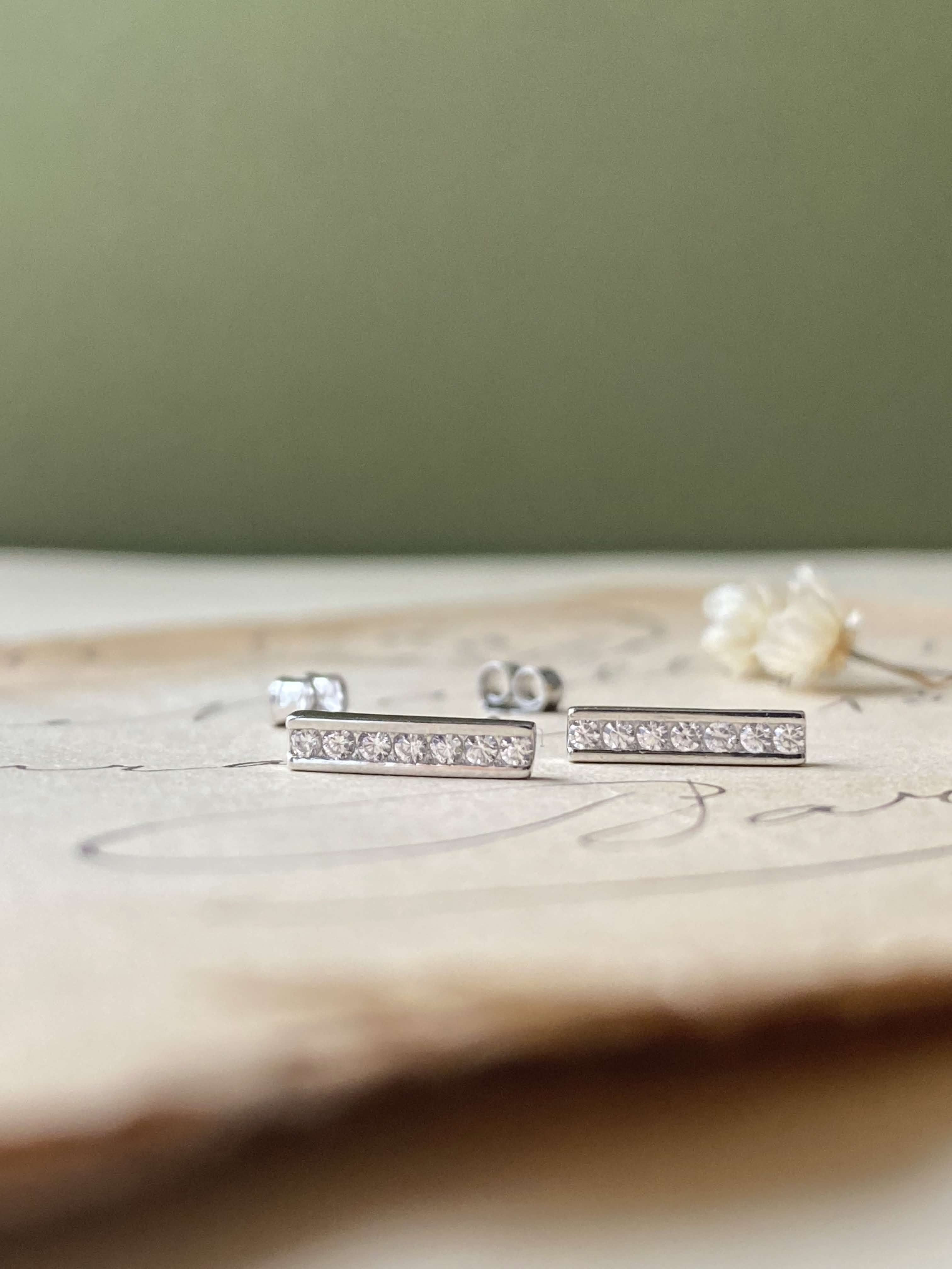 Sterling Silver Tiny CZ Bar Stud Earrings