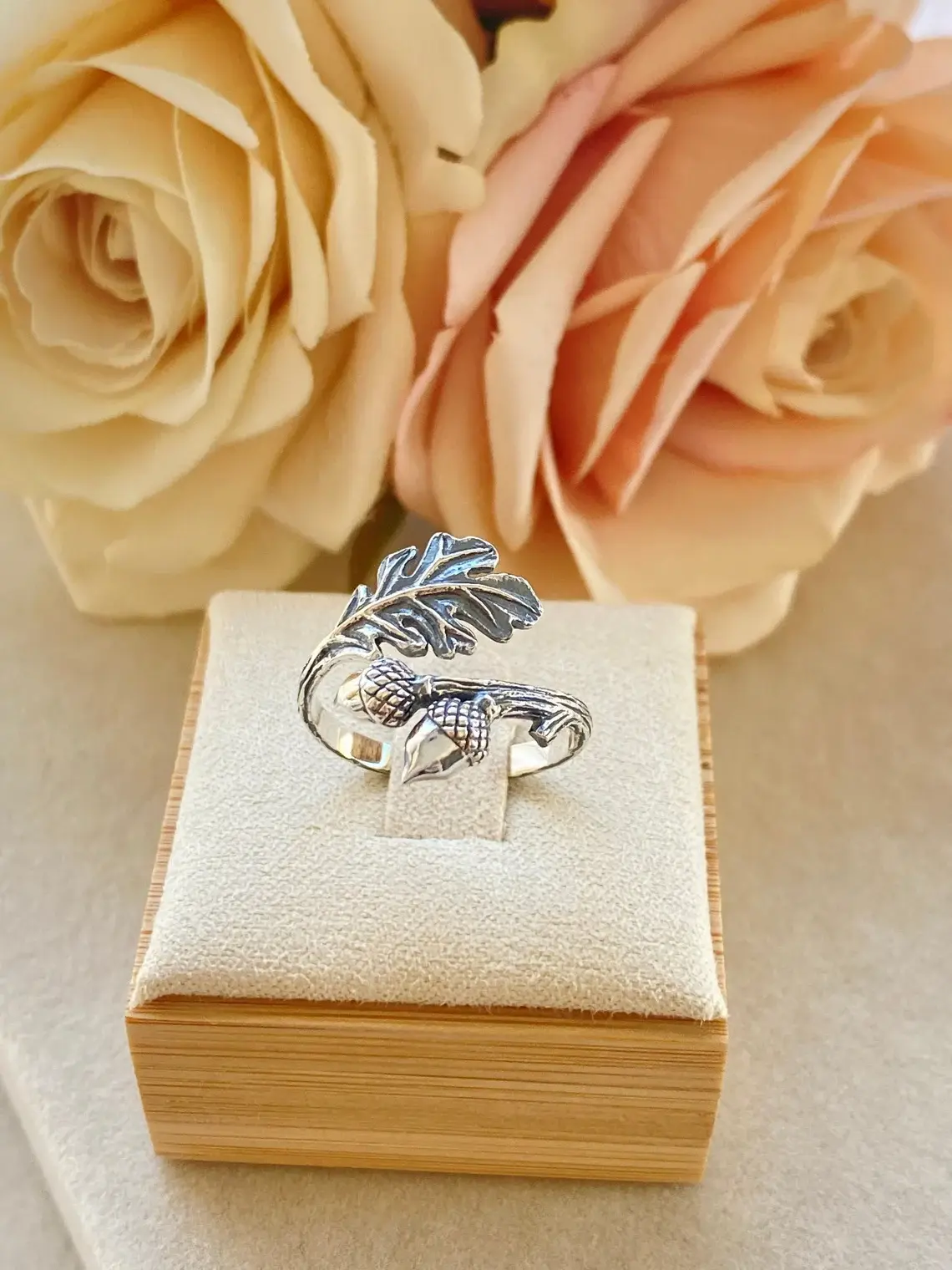 Sterling Silver Acorn with Oak Leaves Adjustable Ring