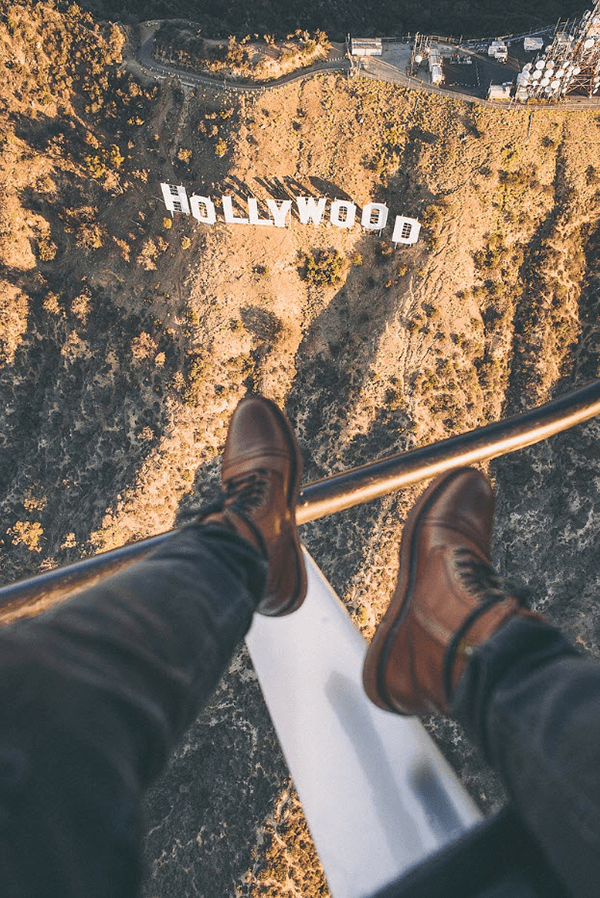 aerial view of hollywood sign from helicopter with feet