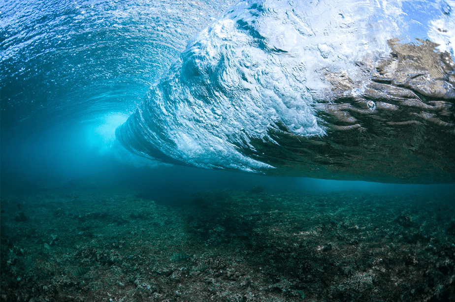 underwater photo from under a sea wave