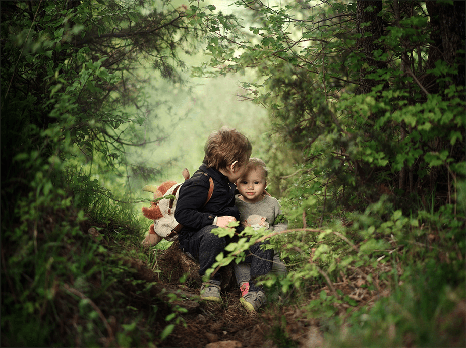 kids sitting on forest