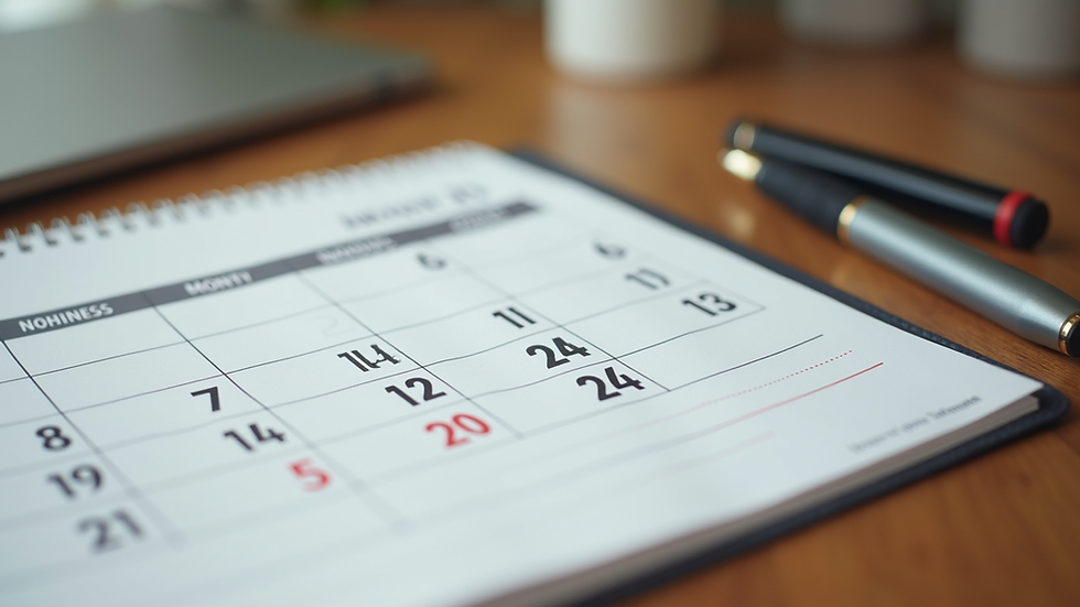 Close-up view of a calendar and pen on a wooden desk