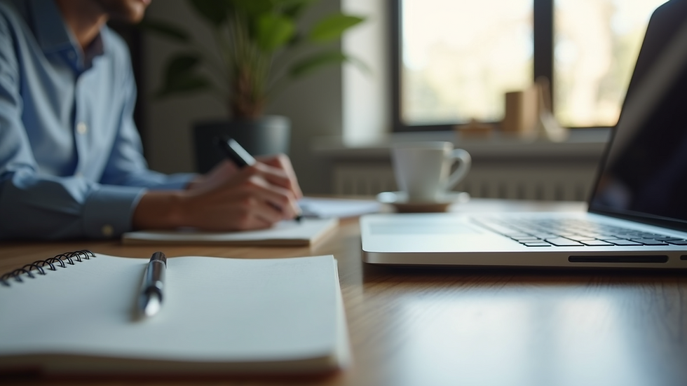 Eye-level view of a laptop and notebook on a tidy desk