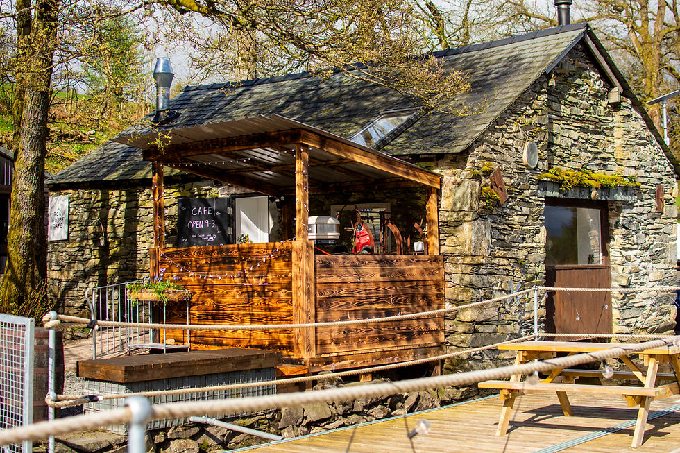 The Boathouse Cafe at Esthwaite Water with outdoor lakeside dining in the Lake District