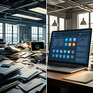Side-by-side: messy desk vs. organized digital dashboard