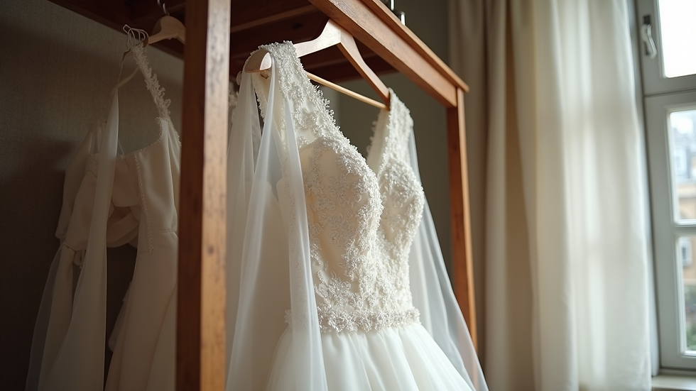Eye-level view of a bridal gown hanging elegantly on a vintage wooden rack