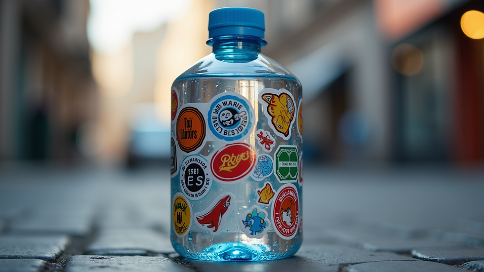 Eye-level view of a water bottle covered in a variety of colorful stickers