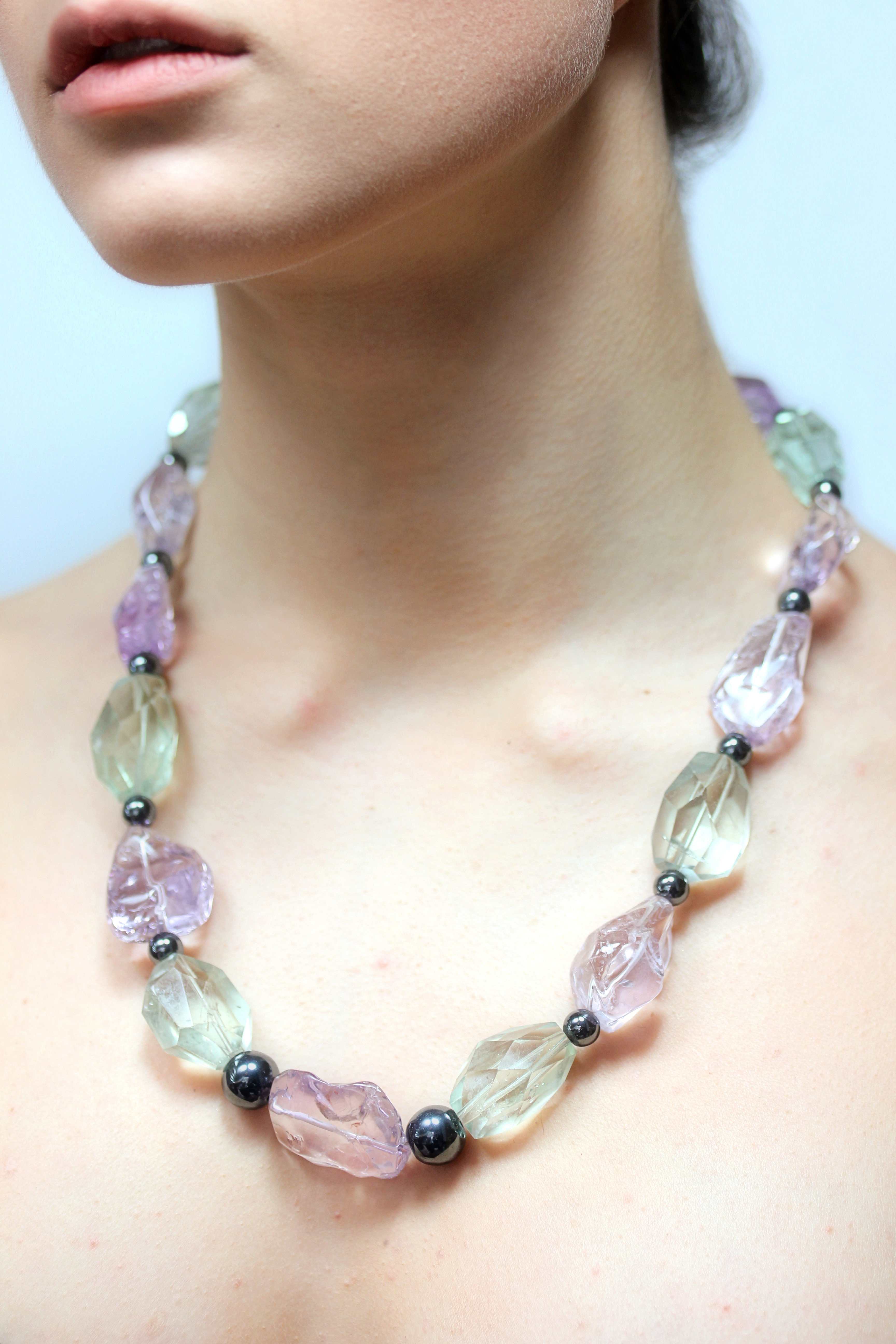 Amethyst , Prasiolite and hematite bead necklace